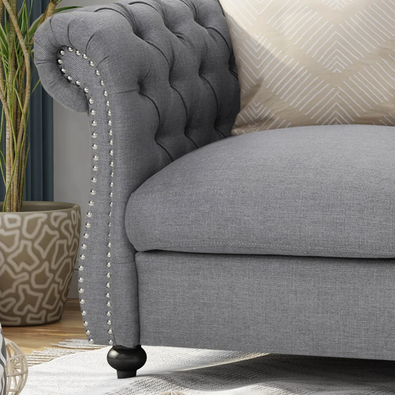 Chesterfield Loveseat Sofa, Deep Button Tufting, Rolled Arms, Nailhead Accents, 62" W x 34" D x 28" H, Dark Gray