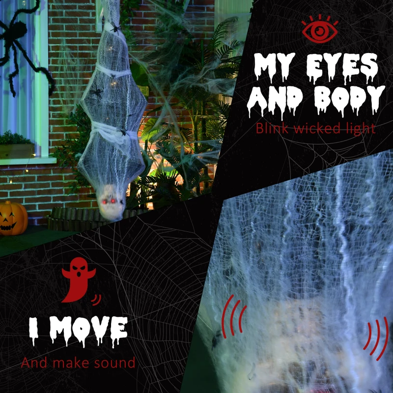 HOMCOM 55.9 Inch/4.7ft Life Size Outdoor Halloween Decoration Hanging Mummy with Spider Web, Animated Prop Decor with Sound and Motion Activated, Light Up Eyes, Creepy Sound