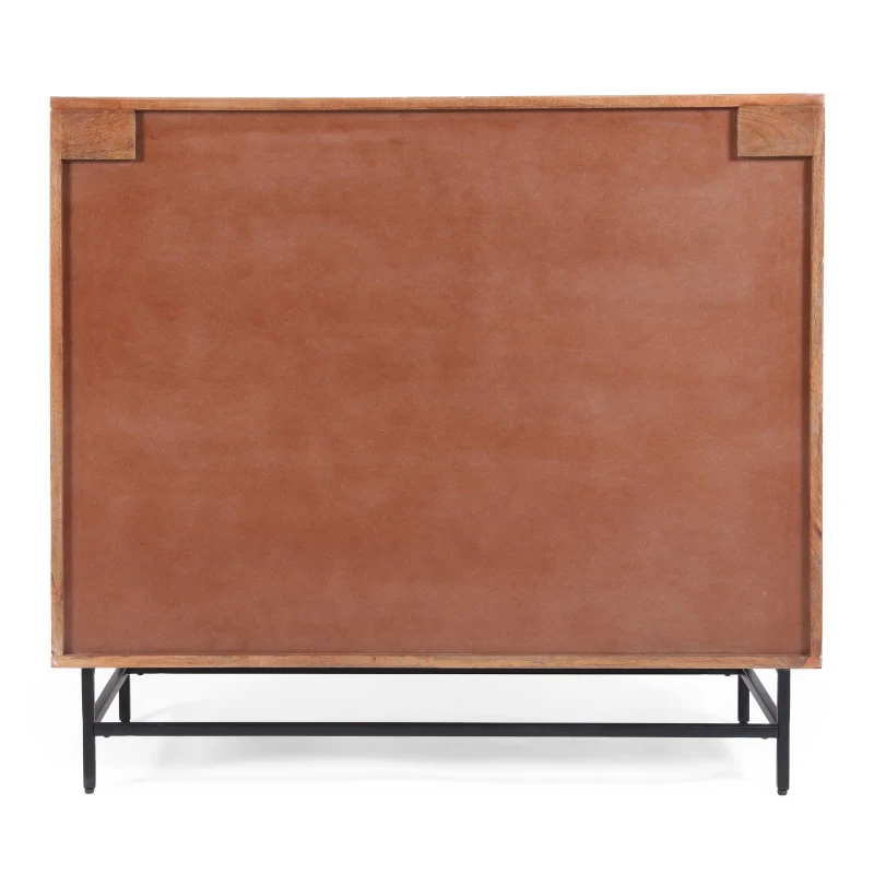 Boho Mango Wood Cabinet with Handcrafted Two-Door Storage, Raised Geometric Design, 38.00" W x 16.50" D x 34.00" H, White