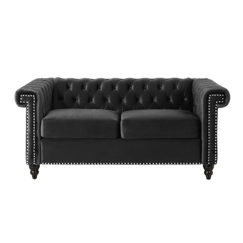 Modern Glam Loveseat Sofa with Velvet Upholstery, Wingback Design, Button-Tufted Diamond Stitch, 61.00" W x 32.00" D x 25.50" H, Black