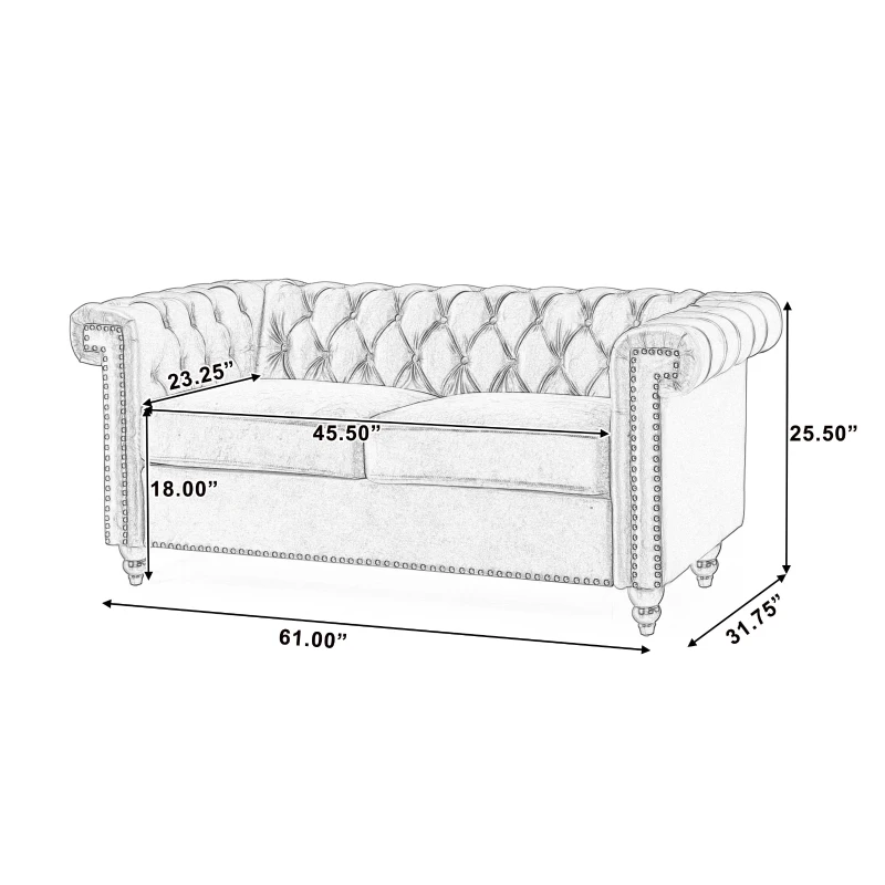 Modern Glam Loveseat Sofa with Velvet Upholstery, Wingback Design, Button-Tufted Diamond Stitch, 61.00" W x 32.00" D x 25.50" H, Blue