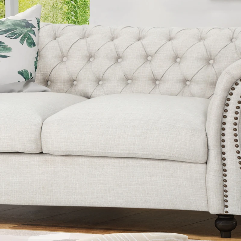 Chesterfield Loveseat Sofa, Deep Button Tufting, Rolled Arms, Nailhead Accents, 62" W x 34" D x 28" H, Beige