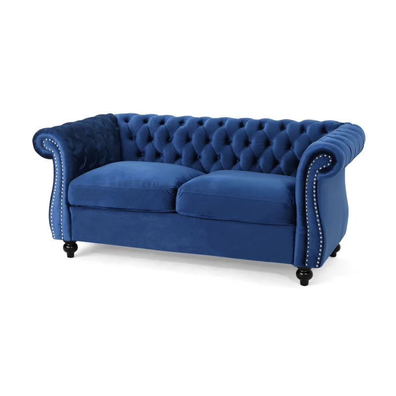 Chesterfield Loveseat Sofa, Deep Button Tufting, Rolled Arms, Nailhead Accents, 62" W x 34" D x 28" H, Navy Blue