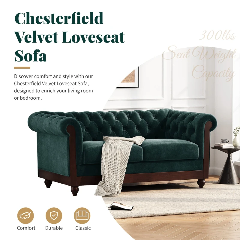 Chesterfield Velvet Loveseat Sofa, 2-Person Rolled Arm Upholstered Couch, with Tufted Buttons, Pine Wood Frame, 59.50" Wx34.00" Dx27.00" H, Dark Green
