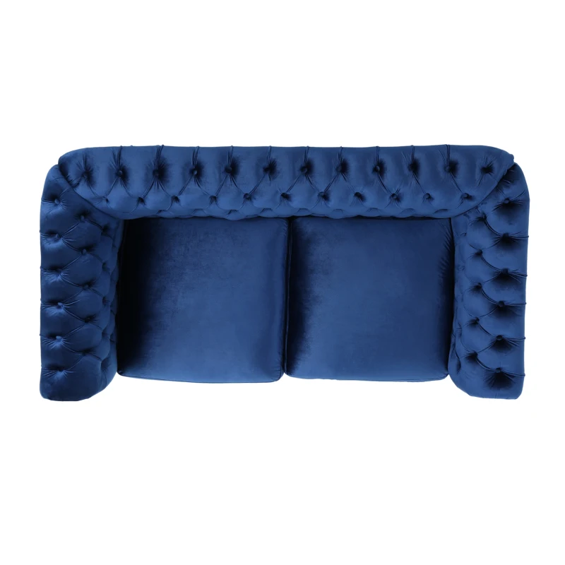 Chesterfield Loveseat Sofa, Deep Button Tufting, Rolled Arms, Nailhead Accents, 62" W x 34" D x 28" H, Navy Blue