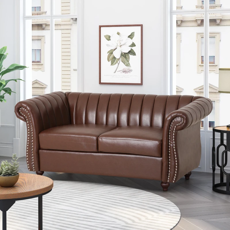 Modern PU Leather Glam loveseat sofa with Wingback Design and Button-Tufted Diamond Stitch, 62.00" W x 33.00" D x 28.50" H, Dark Brown