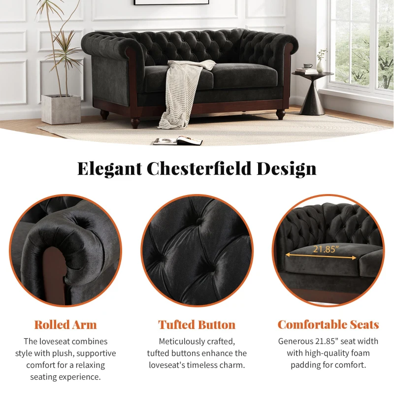 Chesterfield Velvet Loveseat Sofa, 2-Person Rolled Arm Upholstered Couch, with Tufted Buttons, Pine Wood Frame, 59.50" Wx34.00" Dx27.00" H, Black
