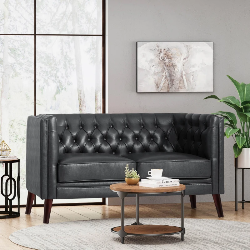 Modern Glam Loveseat Sofa with Velvet Upholstery, Wingback Design, Button-Tufted Diamond Stitch, 53.50" W x 31.00" D x 30.00" H, Black