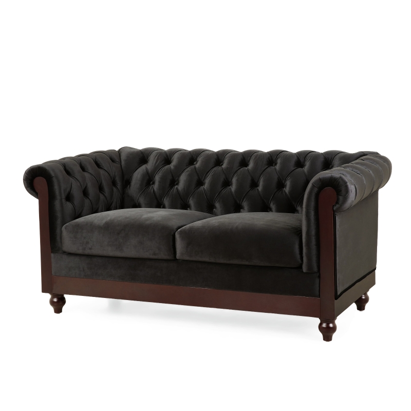 Chesterfield Velvet Loveseat Sofa, 2-Person Rolled Arm Upholstered Couch, with Tufted Buttons, Pine Wood Frame, 59.50" Wx34.00" Dx27.00" H, Black