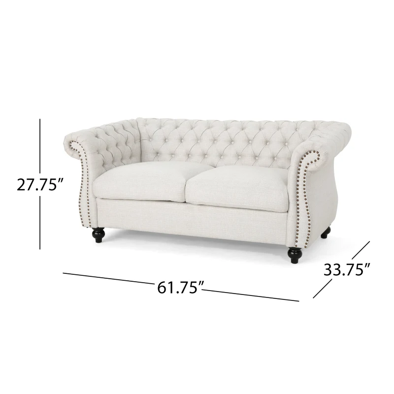 Chesterfield Loveseat Sofa, Deep Button Tufting, Rolled Arms, Nailhead Accents, 62" W x 34" D x 28" H, Beige