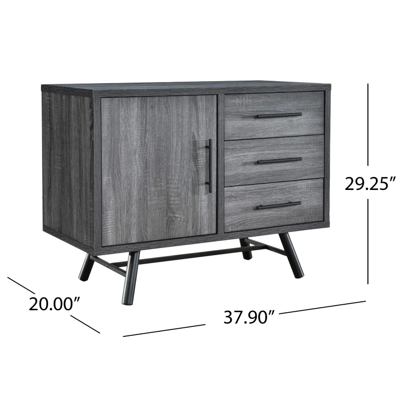 Vinsetto Modern Industrial Small Sideboard with 3 Drawers and Cabinet Storage, Wooden Look with Iron Legs, 38.00” W x 20.00” D x 29.50” H, Oak