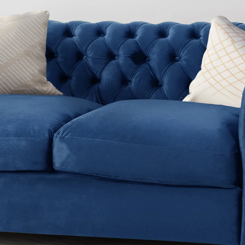 Chesterfield Loveseat Sofa, Deep Button Tufting, Rolled Arms, Nailhead Accents, 62" W x 34" D x 28" H, Navy Blue