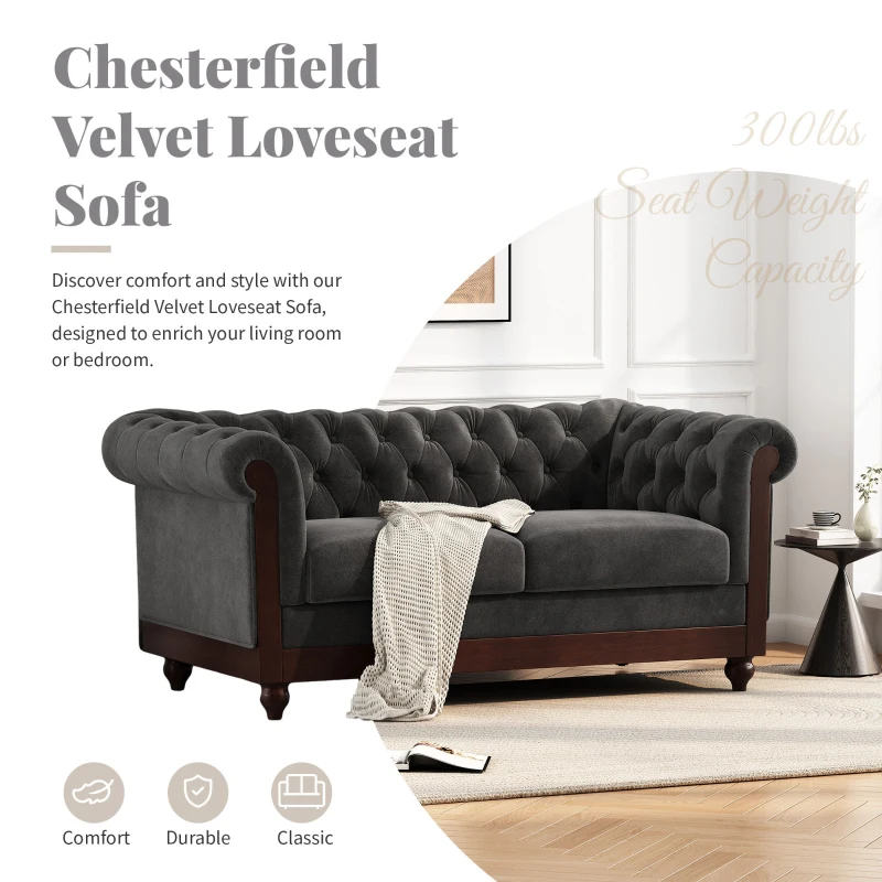 Chesterfield Velvet Loveseat Sofa, 2-Person Rolled Arm Upholstered Couch, with Tufted Buttons, Pine Wood Frame, 59.50" Wx34.00" Dx27.00" H, Dark Gray