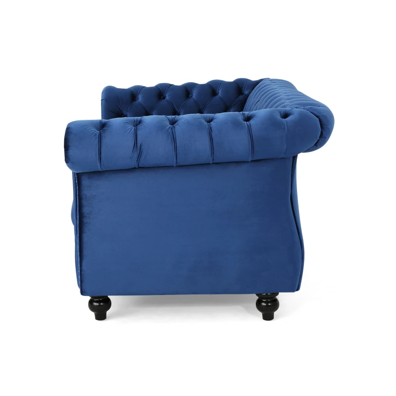 Chesterfield Loveseat Sofa, Deep Button Tufting, Rolled Arms, Nailhead Accents, 62" W x 34" D x 28" H, Navy Blue