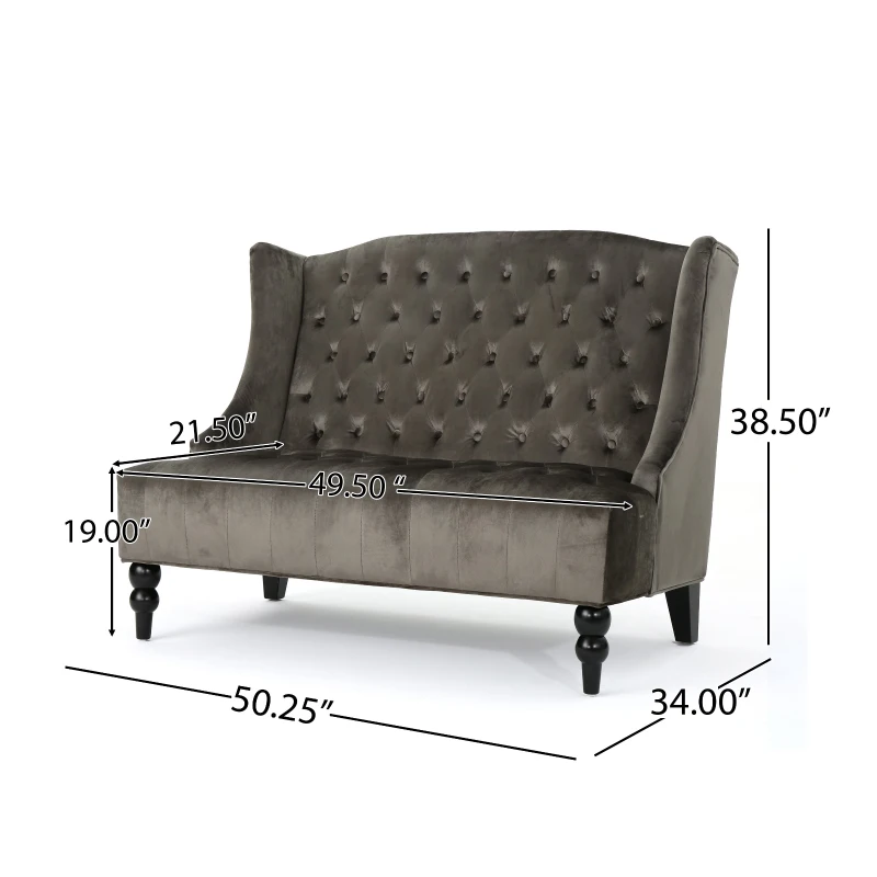 Modern Glam Loveseat Sofa with Velvet Upholstery, Wingback Design, Button-Tufted Diamond Stitch, 50.50" W x 34.00" D x 38.50" H, Gray