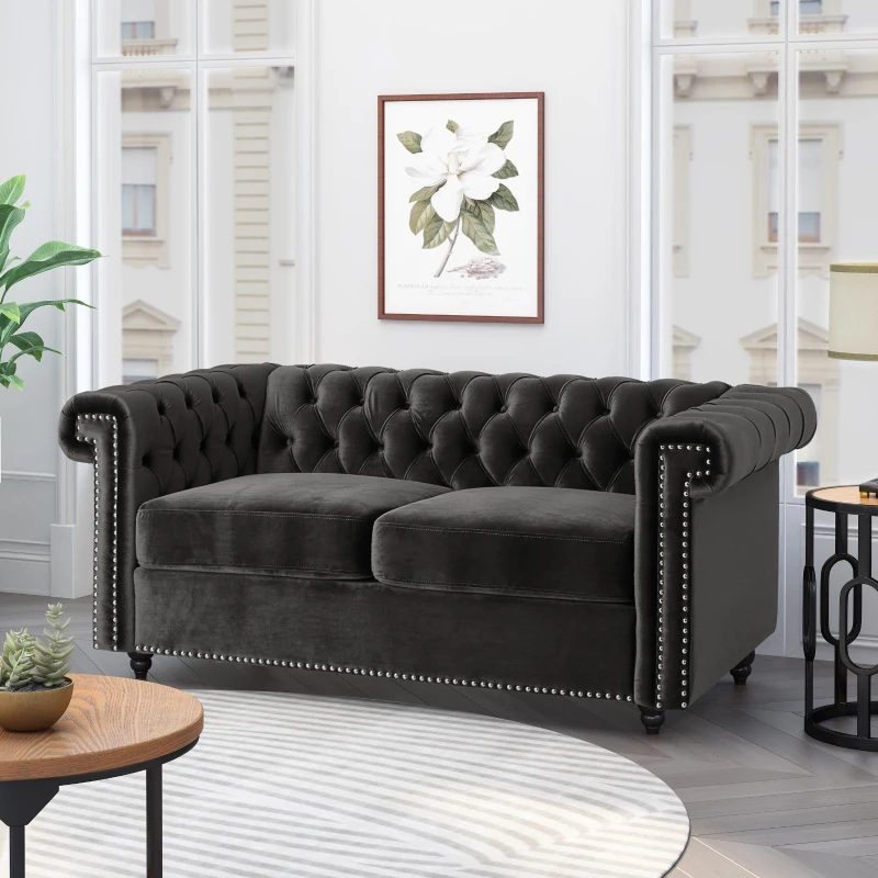 Modern Glam Loveseat Sofa with Velvet Upholstery, Wingback Design, Button-Tufted Diamond Stitch, 61.00" W x 32.00" D x 25.50" H, Black