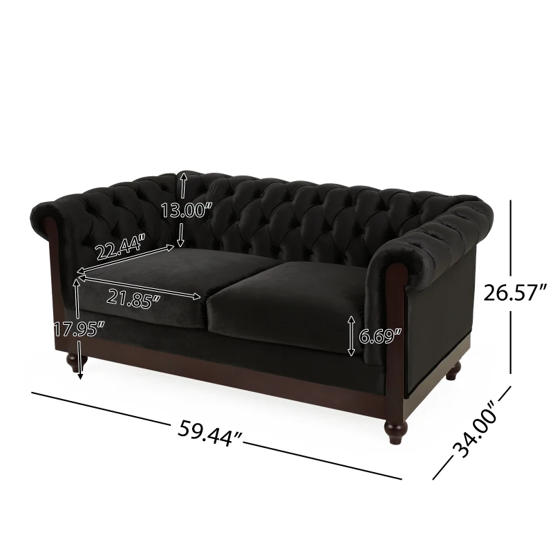 Chesterfield Velvet Loveseat Sofa, 2-Person Rolled Arm Upholstered Couch, with Tufted Buttons, Pine Wood Frame, 59.50" Wx34.00" Dx27.00" H, Black