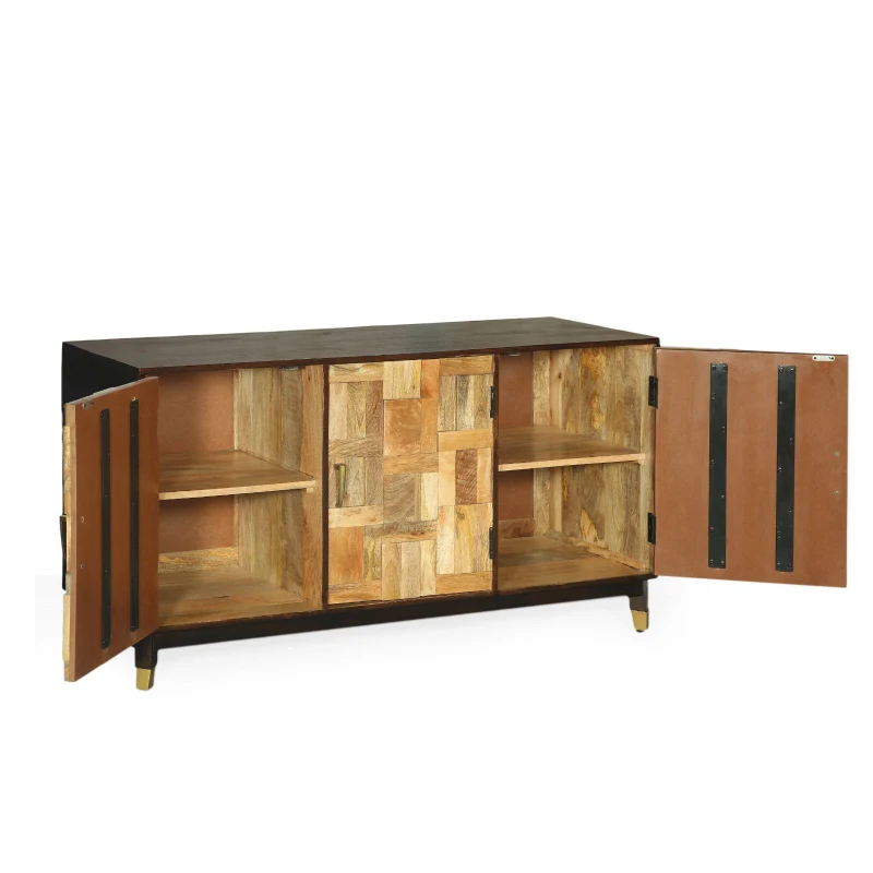 Vinsetto 3-Door Sideboard with Brass-Tipped Legs, Handmade Mango Wood, Boho Design, 55" W x 18" D x 30" H, Walnut