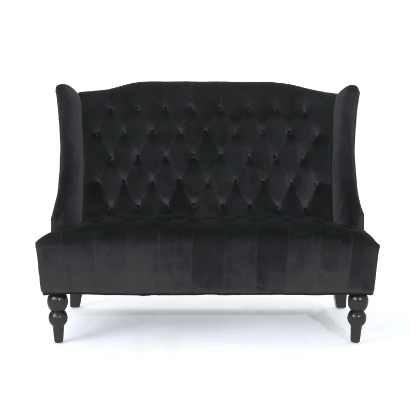 Modern Glam Loveseat Sofa with Velvet Upholstery, Wingback Design, Button-Tufted Diamond Stitch, 50.50" W x 34.00" D x 38.50" H, Black