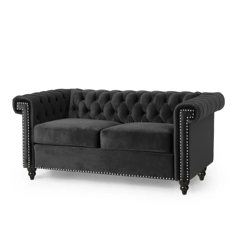 Modern Glam Loveseat Sofa with Velvet Upholstery, Wingback Design, Button-Tufted Diamond Stitch, 61.00" W x 32.00" D x 25.50" H, Black