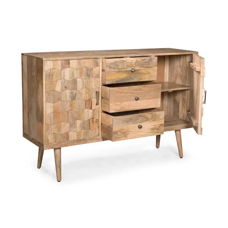 Mid-Century Modern 3-Drawer Sideboard with 2 Doors, Mango Wood, 3D Tile Weave Design, Ample Storage, 56" W x 16" D x 36" H, Natural