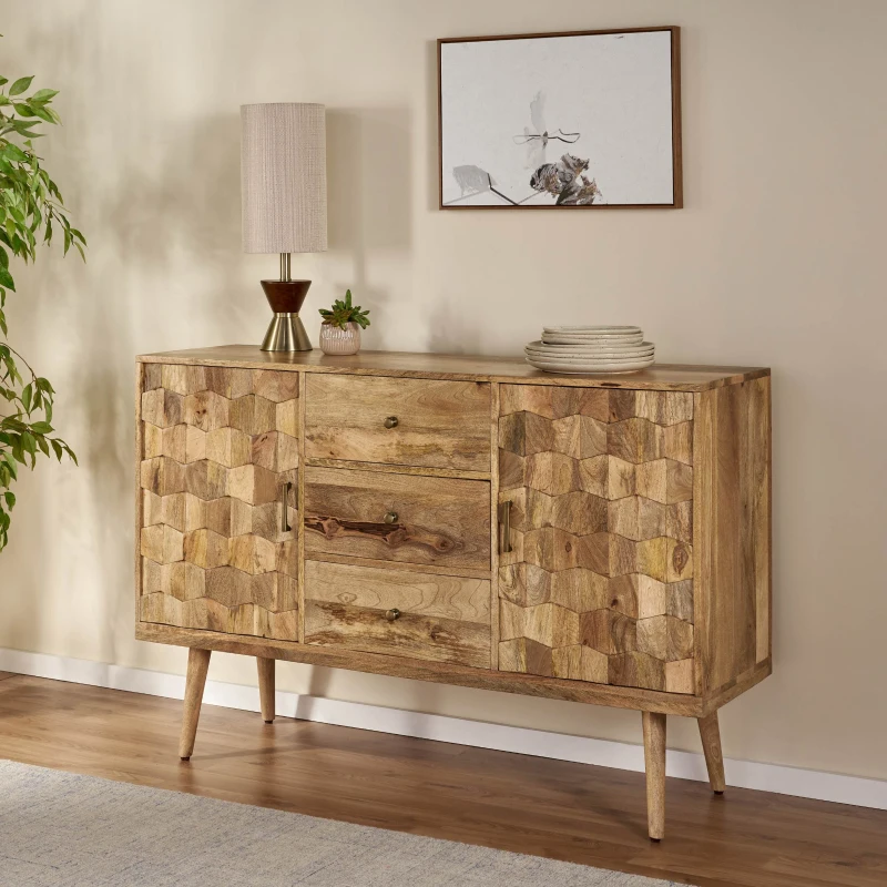 Mid-Century Modern 3-Drawer Sideboard with 2 Doors, Mango Wood, 3D Tile Weave Design, Ample Storage, 56" W x 16" D x 36" H, Natural