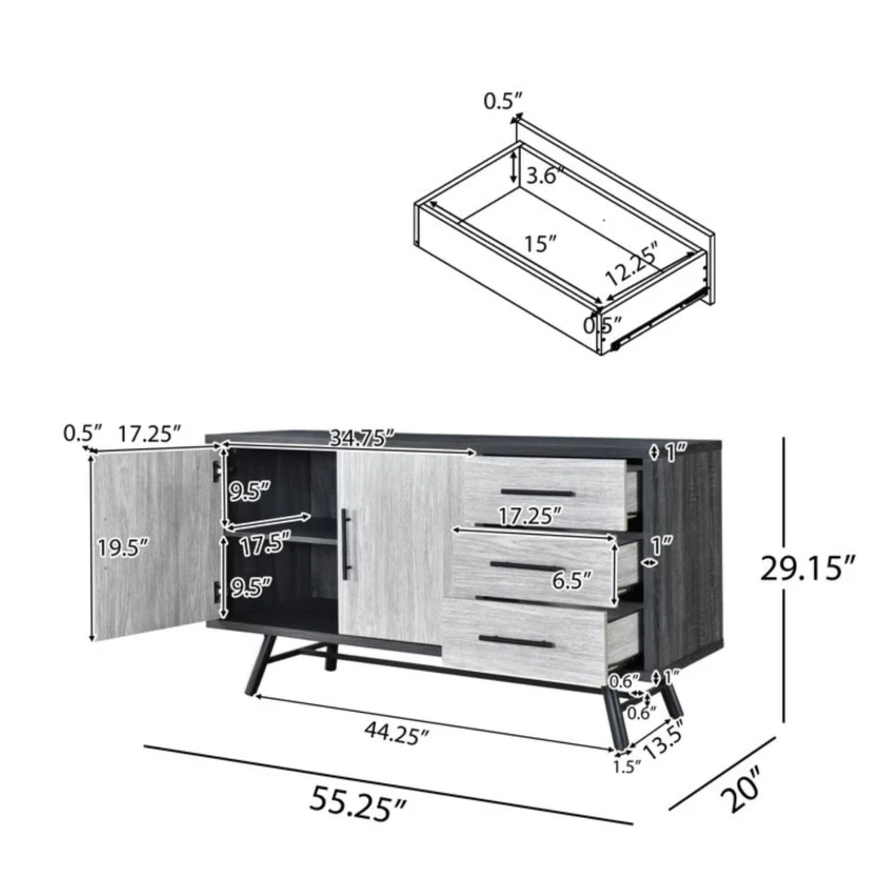 Vinsetto Modern Industrial Sideboard Buffet, Durable Iron Legs, Ample Storage, Easy Assembly, 55.50” W x 20.00” D x 29.50” H, Grey