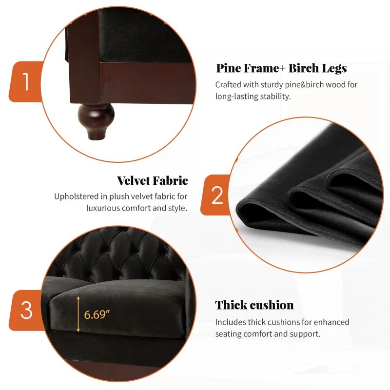 Chesterfield Velvet Loveseat Sofa, 2-Person Rolled Arm Upholstered Couch, with Tufted Buttons, Pine Wood Frame, 59.50" Wx34.00" Dx27.00" H, Black