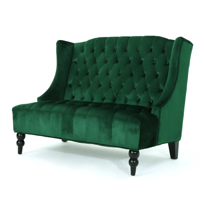 Modern Glam Loveseat Sofa with Velvet Upholstery, Wingback Design, Button-Tufted Diamond Stitch, 50.50" W x 34.00" D x 38.50" H, Emerald
