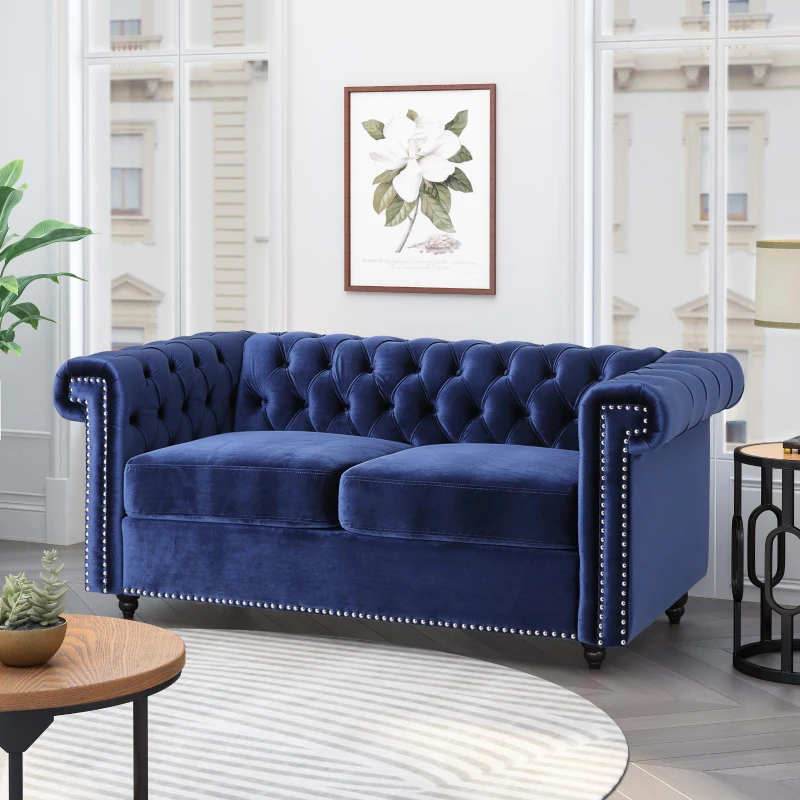 Modern Glam Loveseat Sofa with Velvet Upholstery, Wingback Design, Button-Tufted Diamond Stitch, 61.00" W x 32.00" D x 25.50" H, Blue