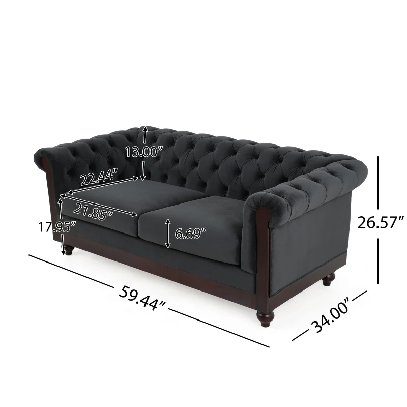 Chesterfield Velvet Loveseat Sofa, 2-Person Rolled Arm Upholstered Couch, with Tufted Buttons, Pine Wood Frame, 59.50" Wx34.00" Dx27.00" H, Dark Gray