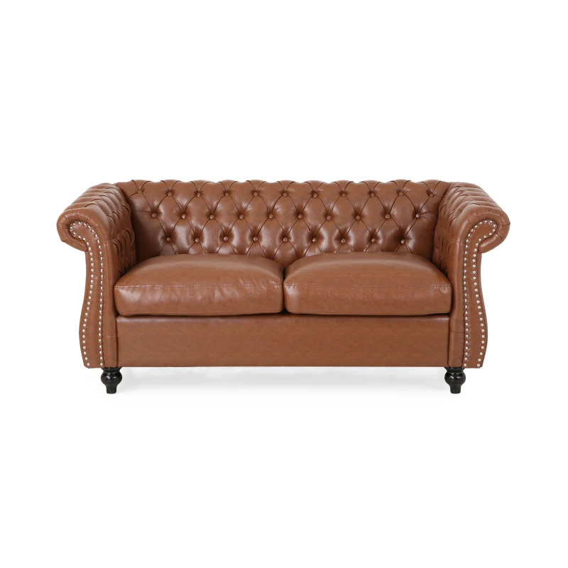 Mid-Century Loveseat Sofa with Deep Button Tufting and Rolled Arms, Nailhead Accents, 62" W x 34" D x 28" H, Light Brown