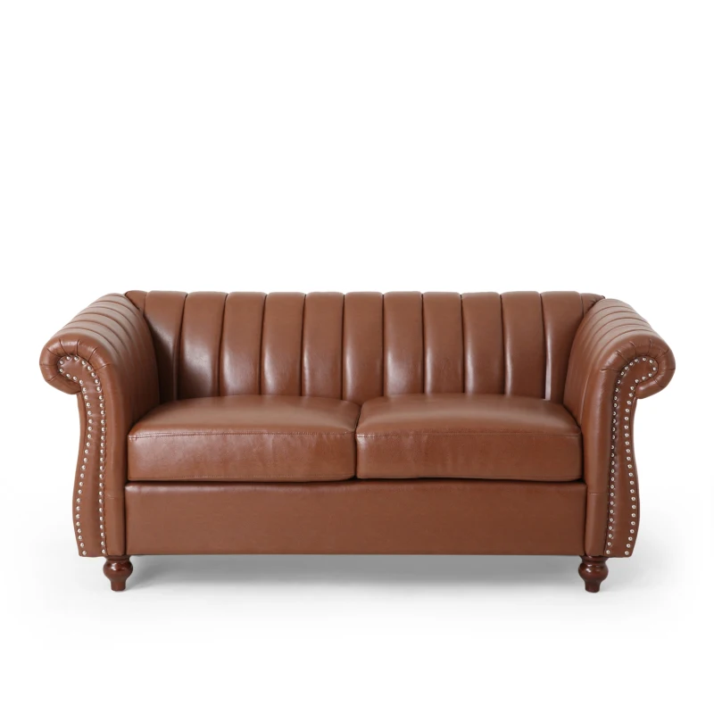 Modern PU Leather Glam Loveseat Sofa with Wingback Design and Button-Tufted Diamond Stitch, 62.00" W x 33.00" D x 28.50" H, Light Brown
