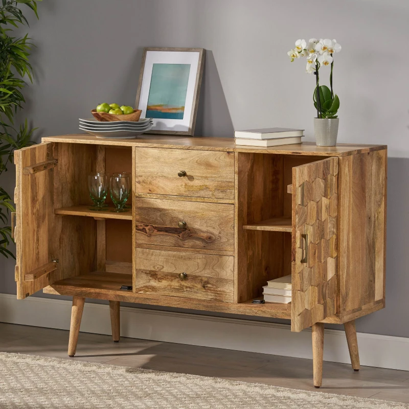Mid-Century Modern 3-Drawer Sideboard with 2 Doors, Mango Wood, 3D Tile Weave Design, Ample Storage, 56" W x 16" D x 36" H, Natural