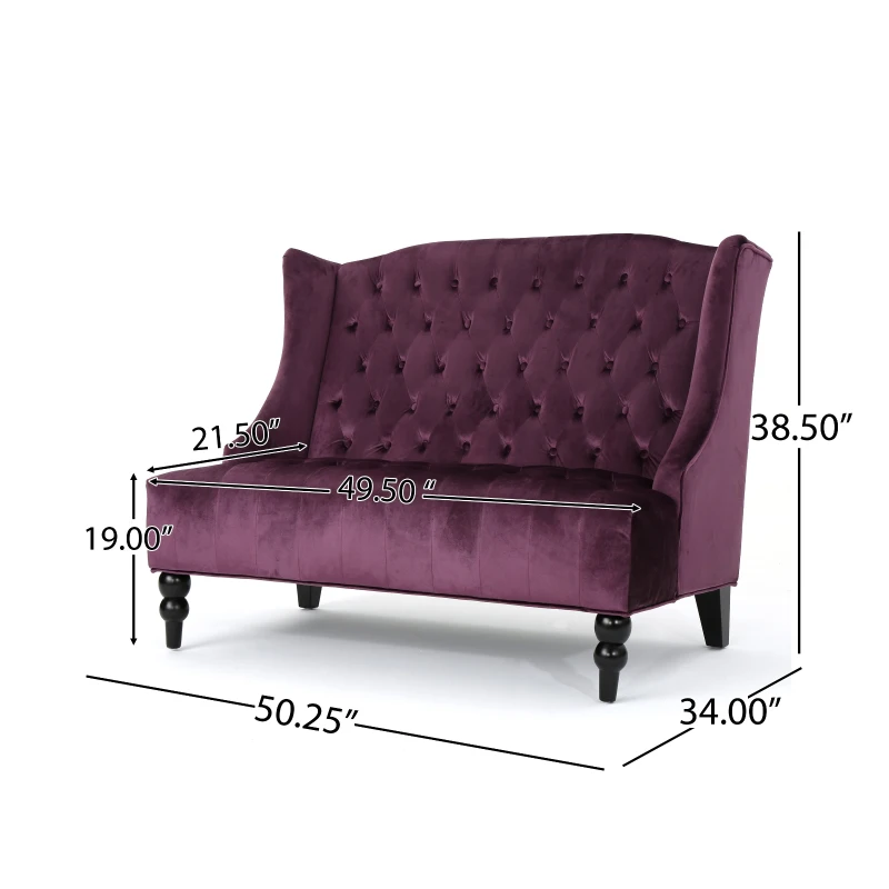 Modern Glam Loveseat Sofa with Velvet Upholstery, Wingback Design, Button-Tufted Diamond Stitch, 50.50" W x 34.00" D x 38.50" H, Raisin
