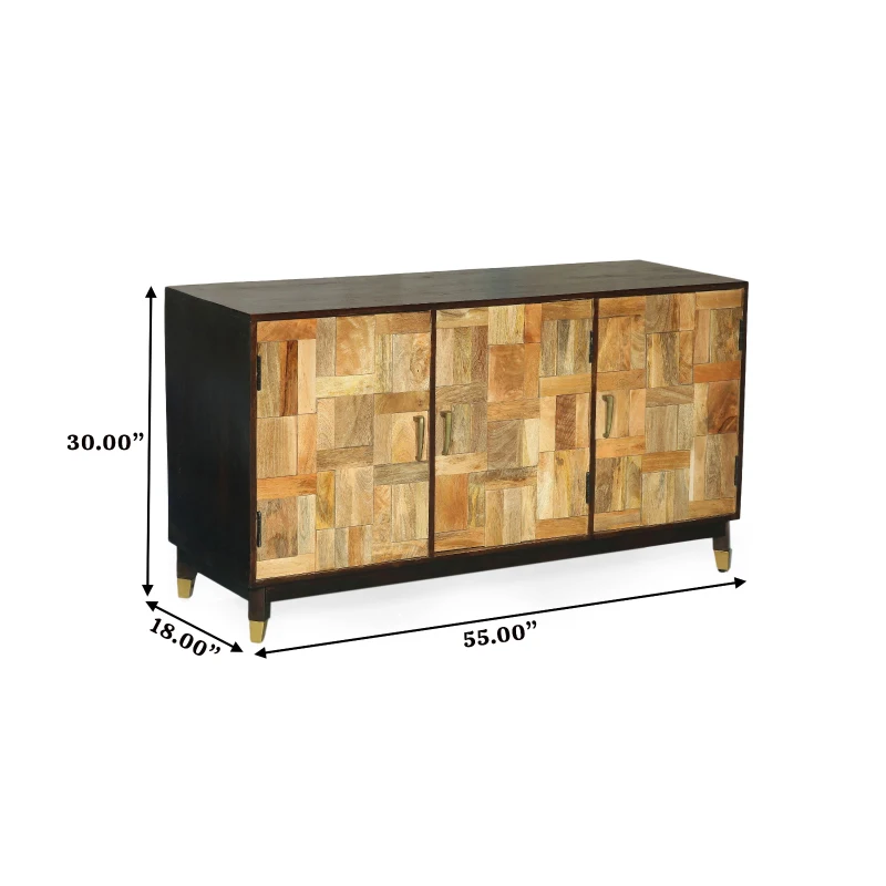 Vinsetto 3-Door Sideboard with Brass-Tipped Legs, Handmade Mango Wood, Boho Design, 55" W x 18" D x 30" H, Walnut