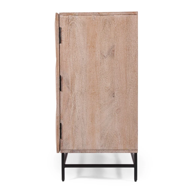 Boho Mango Wood Cabinet with Handcrafted Two-Door Storage, Raised Geometric Design, 38.00" W x 16.50" D x 34.00" H, White