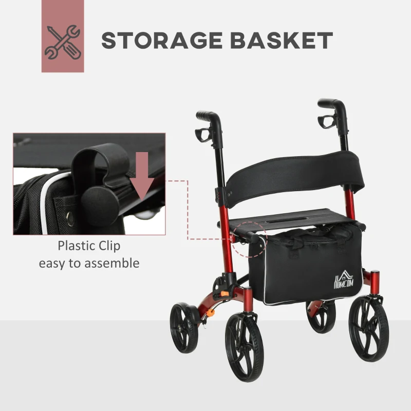 HOMCOM Rollator Walker for Seniors and Adults with 8'' Wheels, Seat, Aluminium Lightweight Folding Rolling Walker with Adjustable Handle, Storage Bag, Dual Brake, Red