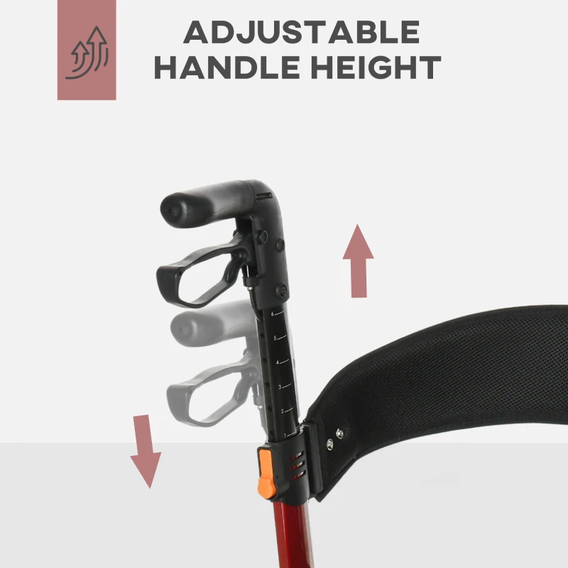 HOMCOM Rollator Walker for Seniors and Adults with 8'' Wheels, Seat, Aluminium Lightweight Folding Rolling Walker with Adjustable Handle, Storage Bag, Dual Brake, Red