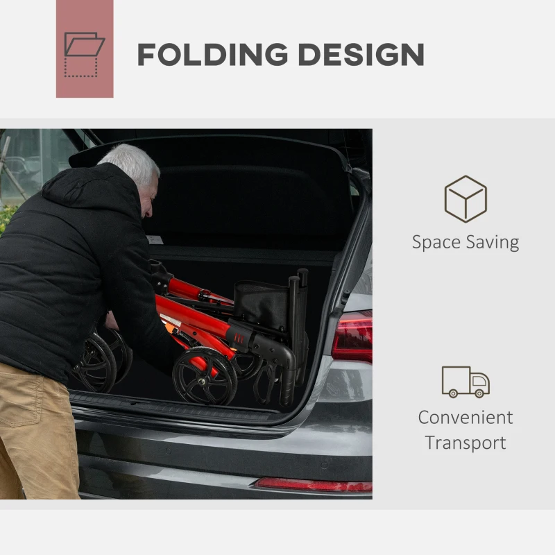 HOMCOM Rollator Walker for Seniors and Adults with 8'' Wheels, Seat, Aluminium Lightweight Folding Rolling Walker with Adjustable Handle, Storage Bag, Dual Brake, Red