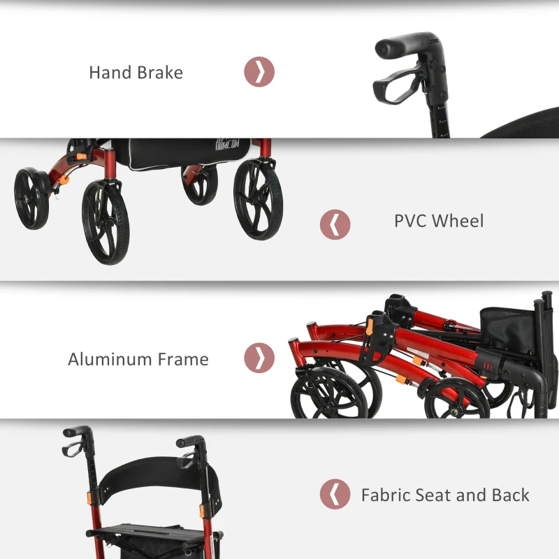 HOMCOM Rollator Walker for Seniors and Adults with 8'' Wheels, Seat, Aluminium Lightweight Folding Rolling Walker with Adjustable Handle, Storage Bag, Dual Brake, Red