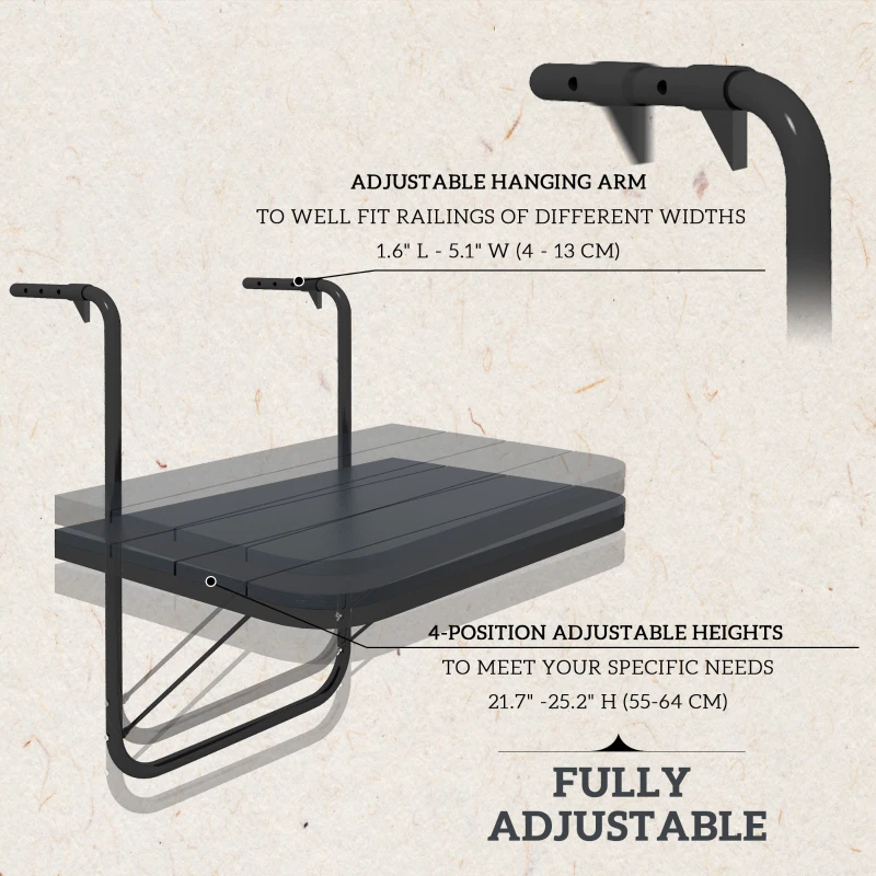 Outsunny Outdoor Hanging Table, Adjustable Balcony Railing Table, Aluminum Mounting Wall Desk Rack, Foldable Outdoor Flower Stand Serving Table Rectangle, Black