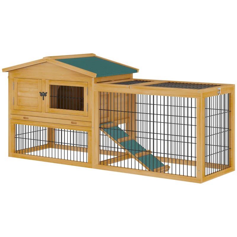 PawHut 2 Levels Wooden Rabbit Hutch, Bunny Hutch House Guinea Pig Cage with Run Space, Removable Tray, Ramp & Waterproof Roof for Outdoor, Yellow