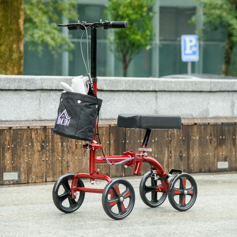 HOMCOM Steerable Knee Walker, Foldable Knee Scooter with Dual Braking System, Adjustable Height, Crutch Alternative, Red