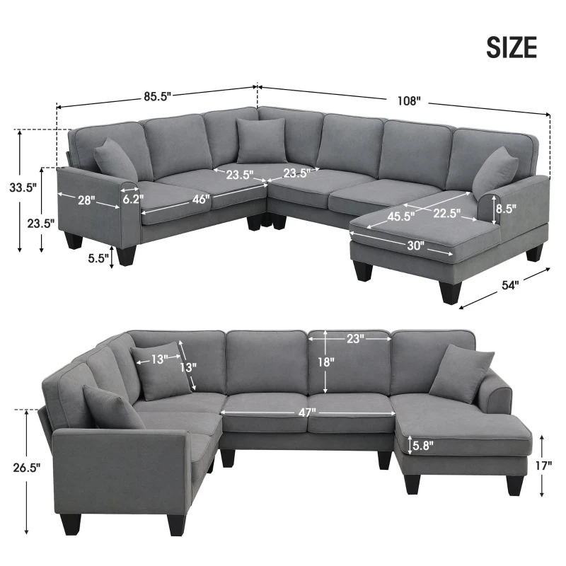 108" Modern U-Shaped 7-Seat Fabric Sectional Sofa Set with 3 Pillows, for Living Room, Apartment, 108″ L x 85.5″ W x 33.5″ H, Dark Grey