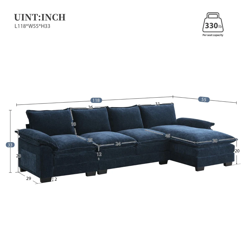 118" x 55" Modern L-Shaped Chenille Cloud Sofa with Double Seat Cushions and Chaise Lounge, 5-Seat Couch for Living Room, Dark Navy