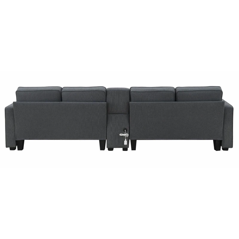 114.5" Modern Linen Fabric Upholstered Sofa with Console, 2 Cupholders, USB Ports, 4 Pillows, 4-Seat, 114.5″ L x 33″ W x 35″ H, Dark Gray