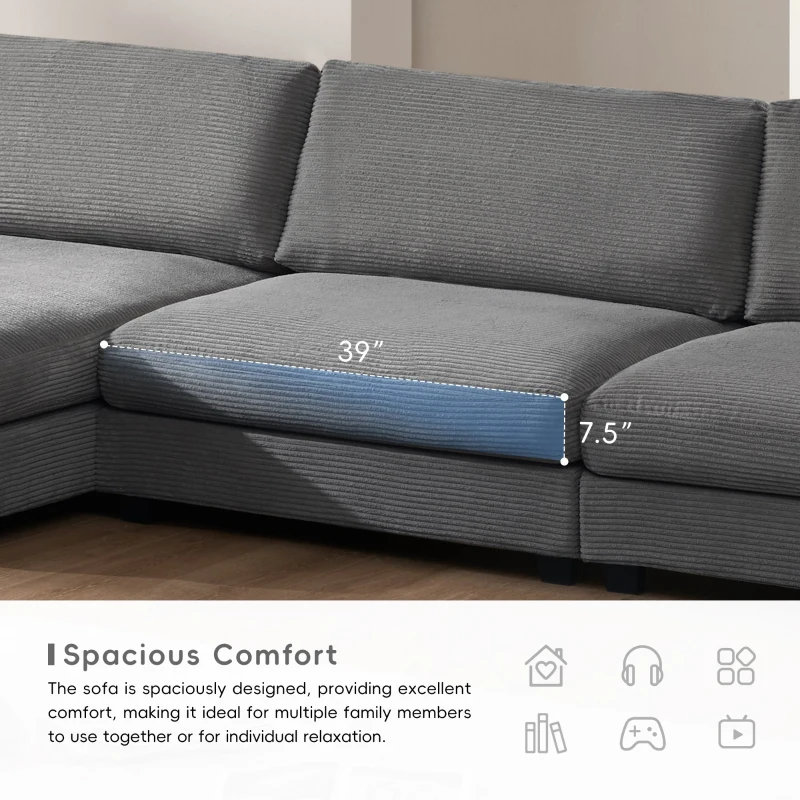 Oversized Corduroy Sectional Sofa with USB Charging Port and Cup Holder, Deep Seat Sofa Bed with 50" Chaise, 134″ L x 54″ W x 25″ H, Gray