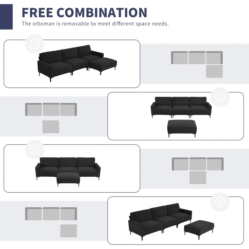 103.5" Modern L-Shaped 4-Seat Velvet Fabric Sectional Sofa Set with Convertible Ottoman, Freely Combinable for Living Room, Black
