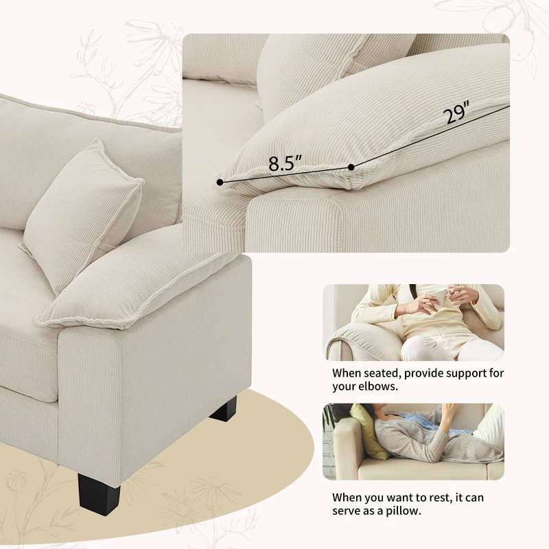 133" x 65" U-Shaped Corduroy Modular Sectional Sofa with Armrest Bags, 6-Seat Freely Combinable Sofa Bed, for Living Room, Beige